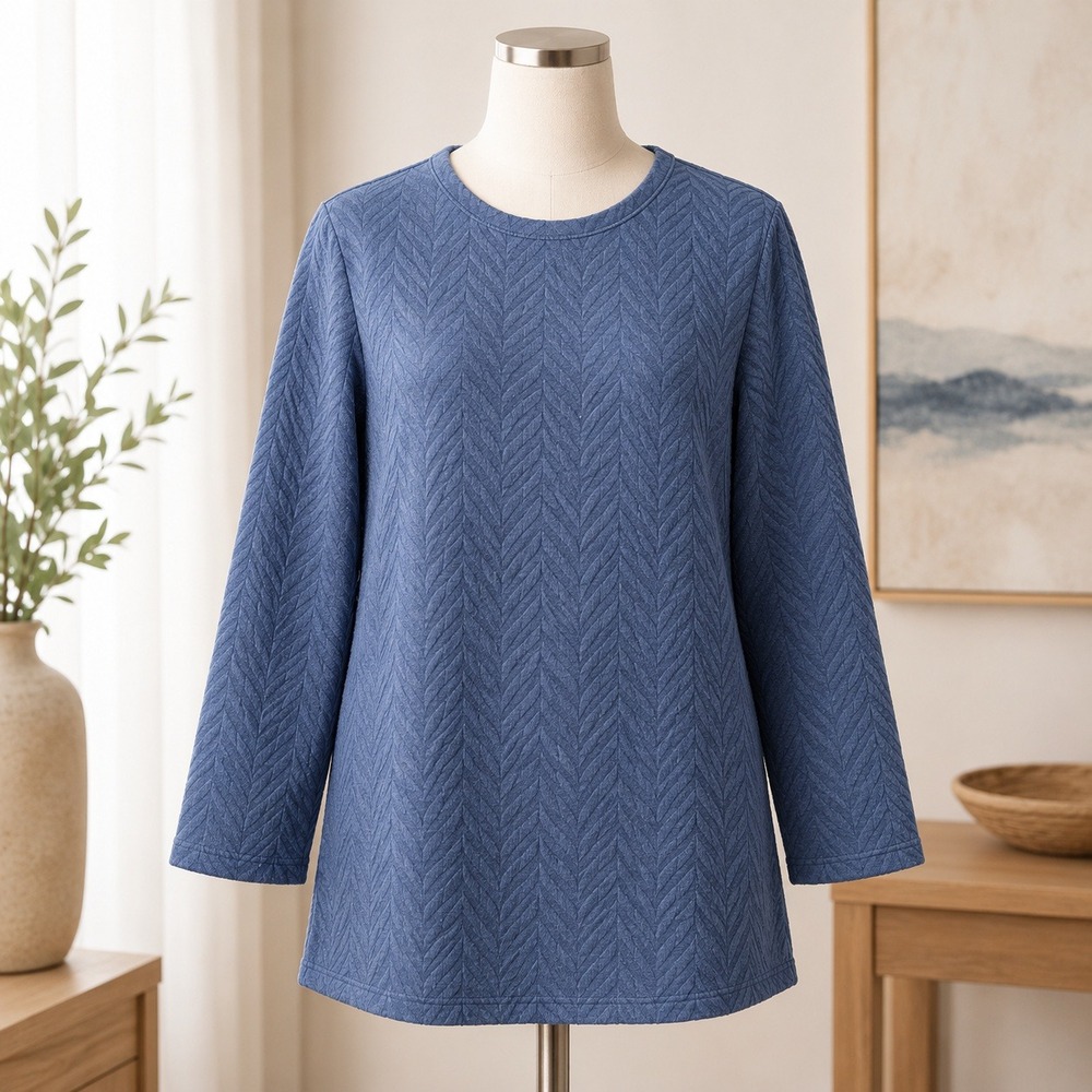 LOGO Layers Top Womens 1X Blue Chevron Pointelle Ruffle Mock Neck Long Sleeve